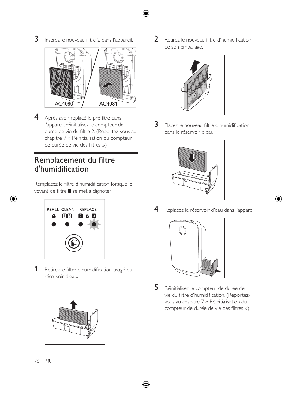 Remplacement du filtre, D'humidification, Remplacement du filtre d'humidification | Philips 2-in-1-Kombigerät zur Luftreinigung u. -befeuchtung User Manual | Page 76 / 108