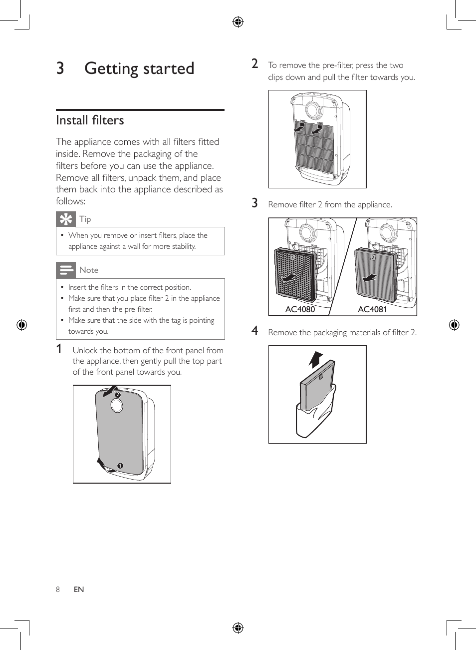 3 getting started, Install filters | Philips 2-in-1-Kombigerät zur Luftreinigung u. -befeuchtung User Manual | Page 8 / 108