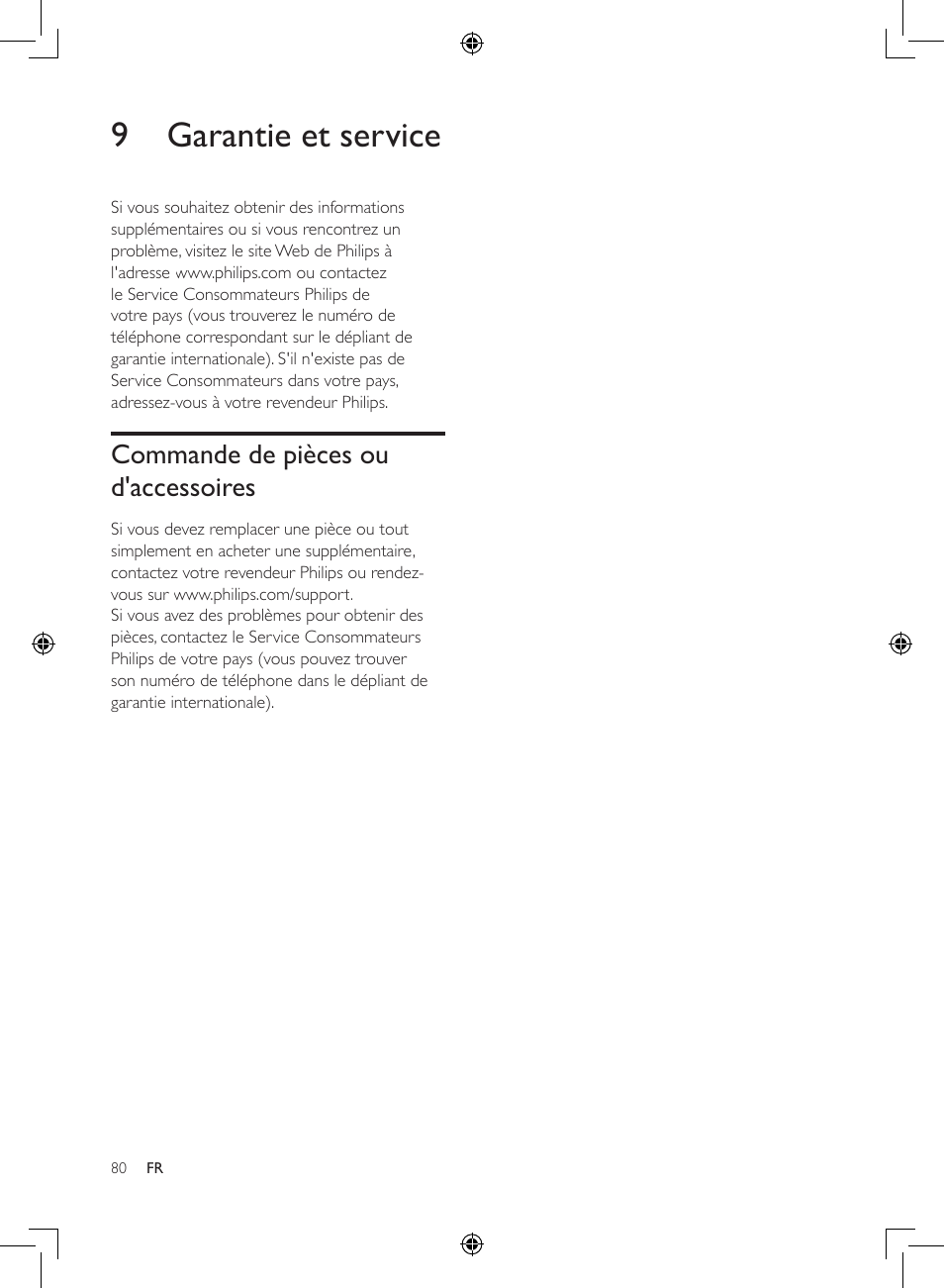 9 garantie et service, Commande de pièces ou, D'accessoires | Commande de pièces ou d'accessoires | Philips 2-in-1-Kombigerät zur Luftreinigung u. -befeuchtung User Manual | Page 80 / 108