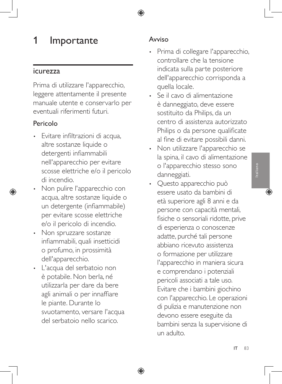 1 importante, Icurezza | Philips 2-in-1-Kombigerät zur Luftreinigung u. -befeuchtung User Manual | Page 83 / 108