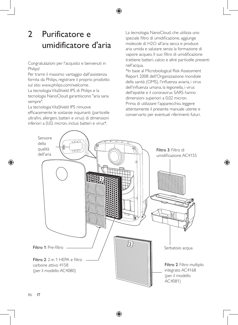 2 purificatore e umidificatore d'aria, 2 purificatore e umidificatore d'aria 86 | Philips 2-in-1-Kombigerät zur Luftreinigung u. -befeuchtung User Manual | Page 86 / 108