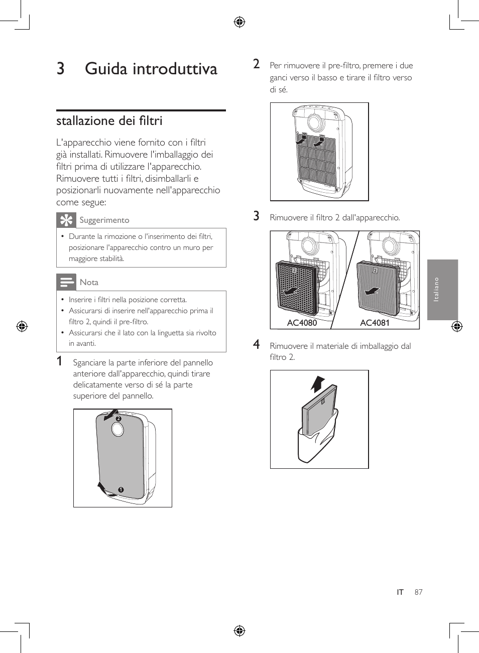 3 guida introduttiva, Stallazione dei filtri | Philips 2-in-1-Kombigerät zur Luftreinigung u. -befeuchtung User Manual | Page 87 / 108