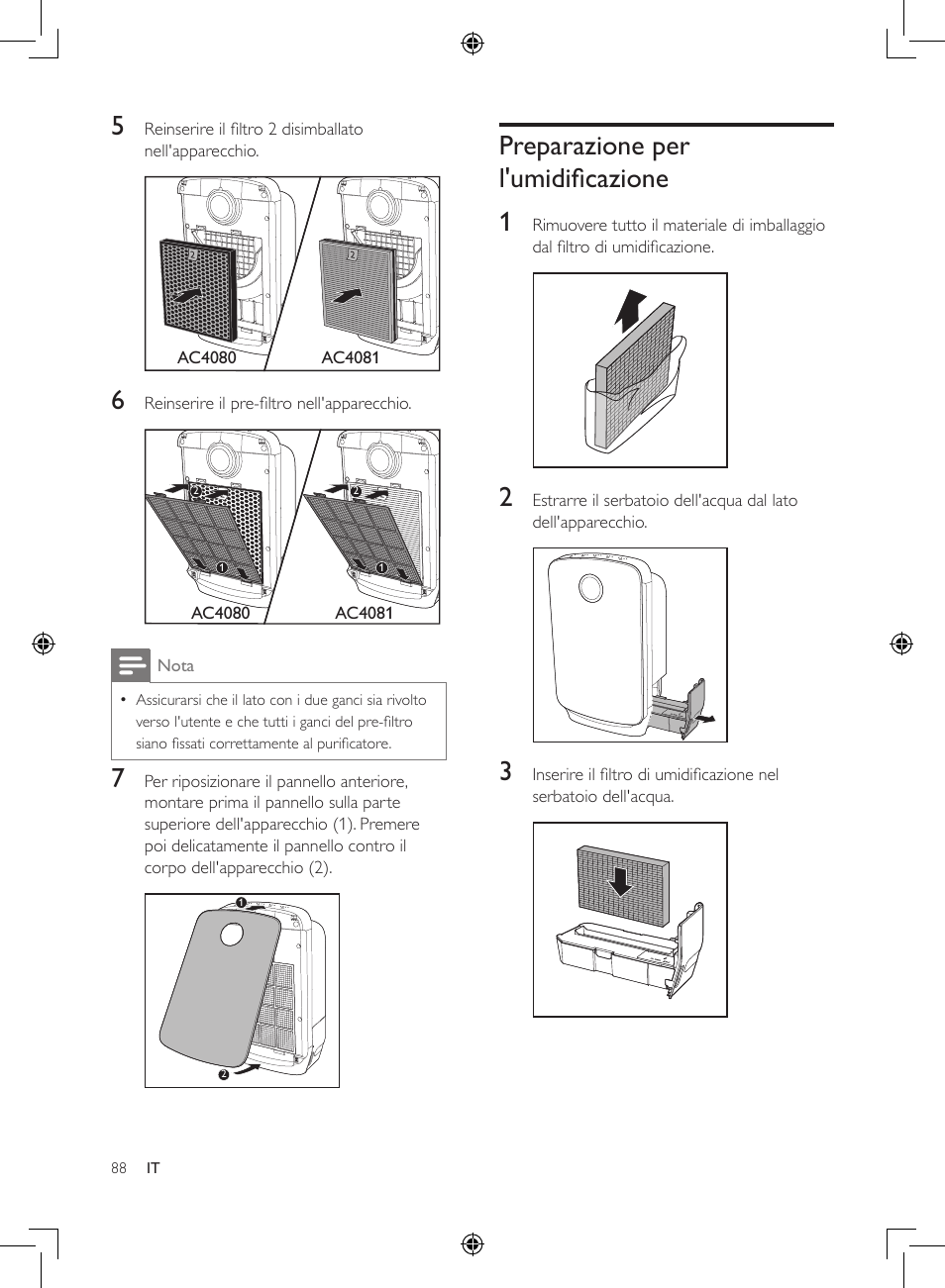 Preparazione per l'umidificazione, Preparazione per l'umidificazione 88, Preparazione per l'umidificazione 1 | Philips 2-in-1-Kombigerät zur Luftreinigung u. -befeuchtung User Manual | Page 88 / 108