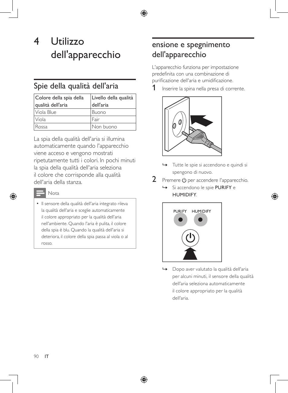 4 utilizzo dell'apparecchio, Spie della qualità dell'aria, Ensione e spegnimento dell'apparecchio | Ensione e spegnimento, Dell'apparecchio | Philips 2-in-1-Kombigerät zur Luftreinigung u. -befeuchtung User Manual | Page 90 / 108