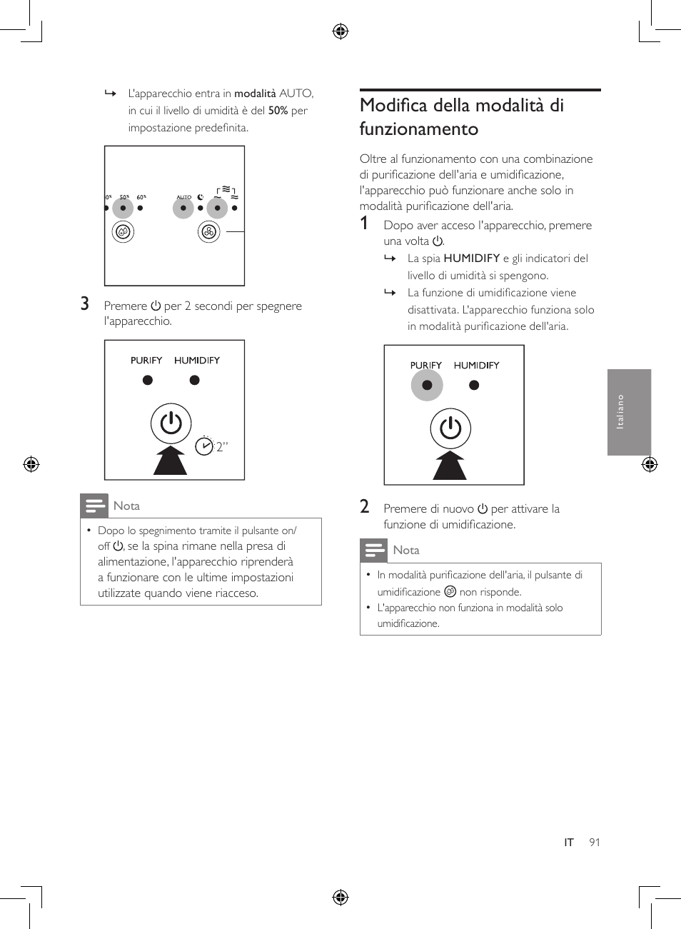Modifica della modalità di funzionamento, Modifica della modalità di, Funzionamento | Philips 2-in-1-Kombigerät zur Luftreinigung u. -befeuchtung User Manual | Page 91 / 108