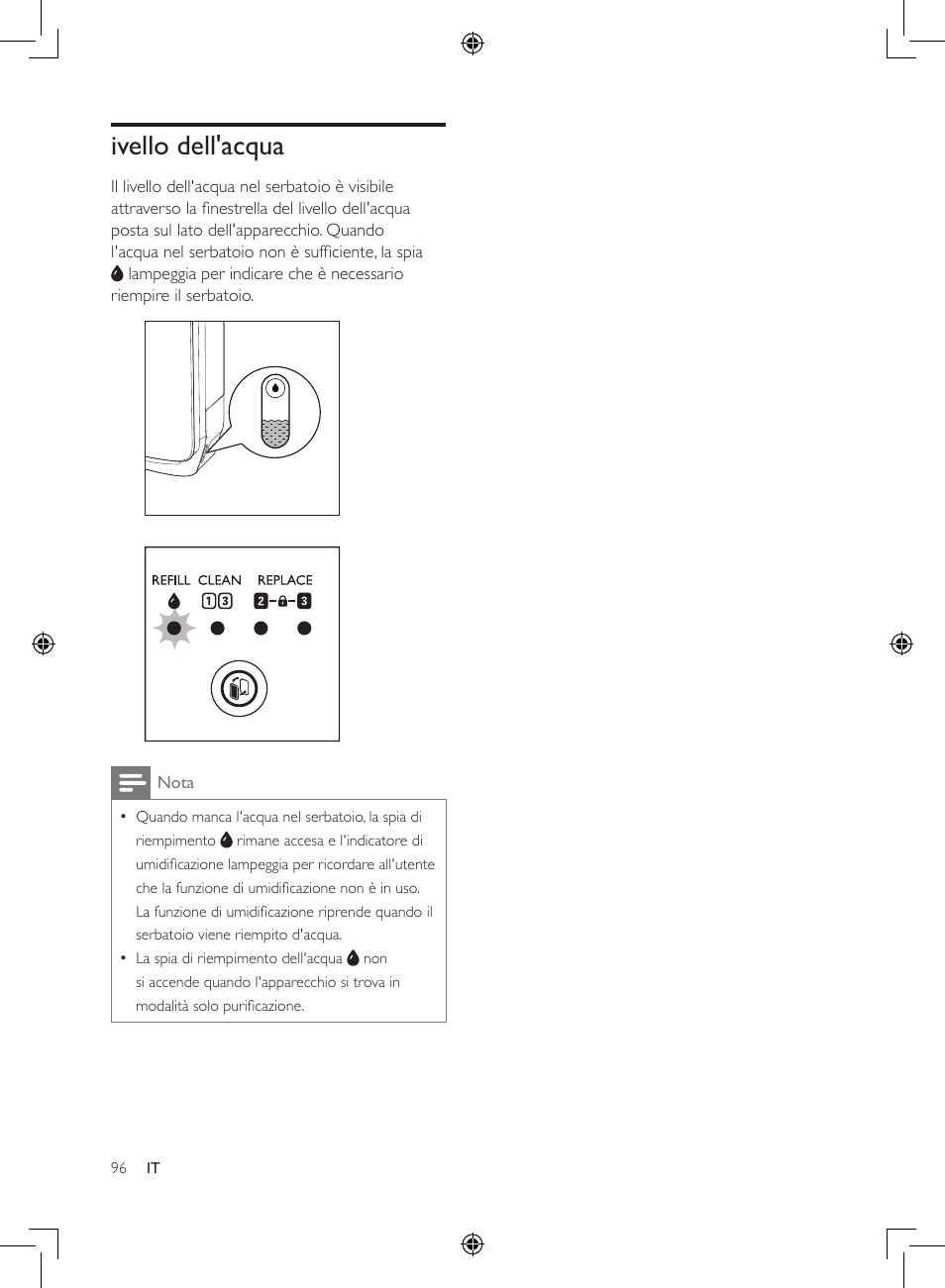 Ivello dell'acqua | Philips 2-in-1-Kombigerät zur Luftreinigung u. -befeuchtung User Manual | Page 96 / 108