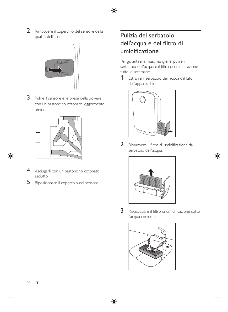 Pulizia del serbatoio dell'acqua e, Del filtro di umidificazione | Philips 2-in-1-Kombigerät zur Luftreinigung u. -befeuchtung User Manual | Page 98 / 108