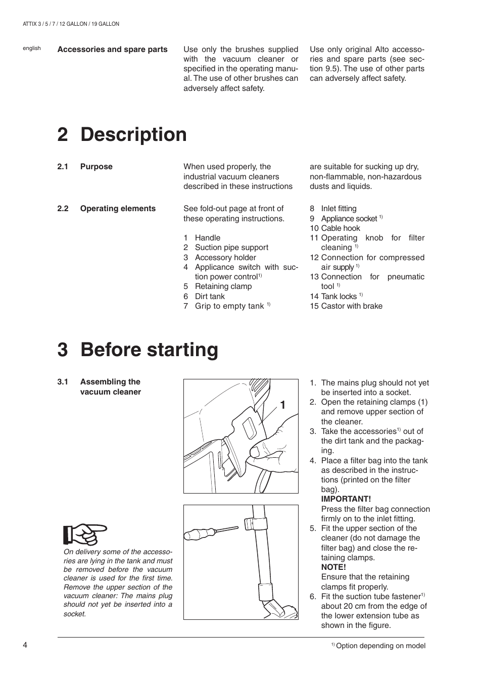 2 description, 3 before starting | Nilfisk-ALTO ATTIX 590-21 User Manual | Page 10 / 20