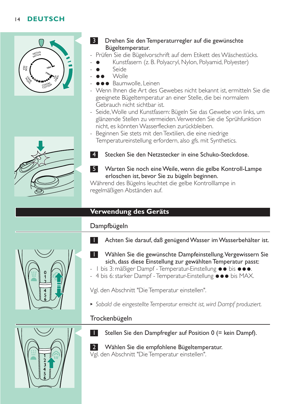 Verwendung des geräts dampfbügeln, Trockenbügeln, Deutsch | Philips Dampfbügeleisen User Manual | Page 14 / 48