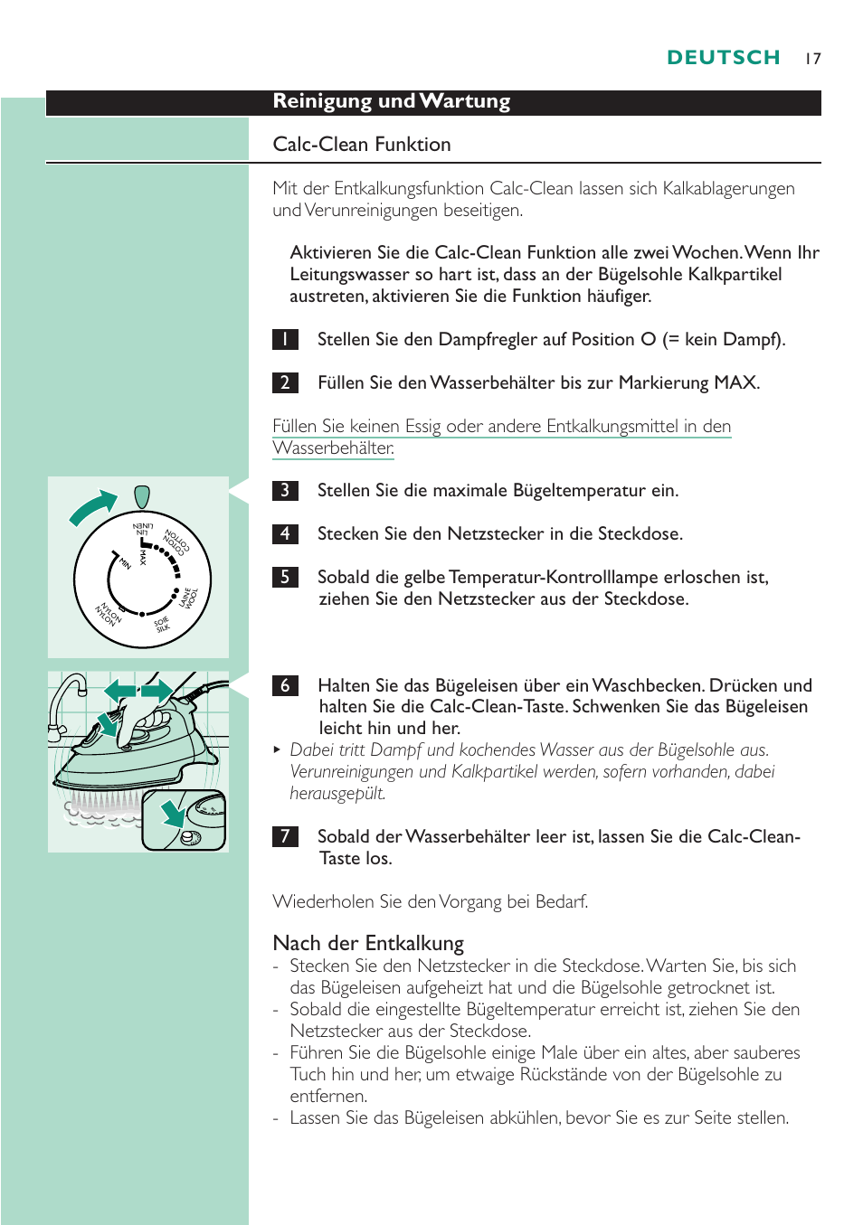 Nach der entkalkung, Reinigung und wartung calc-clean funktion, Deutsch | Philips Dampfbügeleisen User Manual | Page 17 / 48