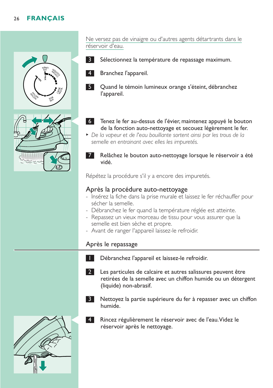 Après la procédure auto-nettoyage, Après le repassage, Français | Philips Dampfbügeleisen User Manual | Page 26 / 48