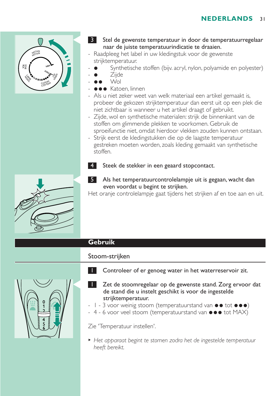 Gebruik stoom-strijken, Nederlands | Philips Dampfbügeleisen User Manual | Page 31 / 48