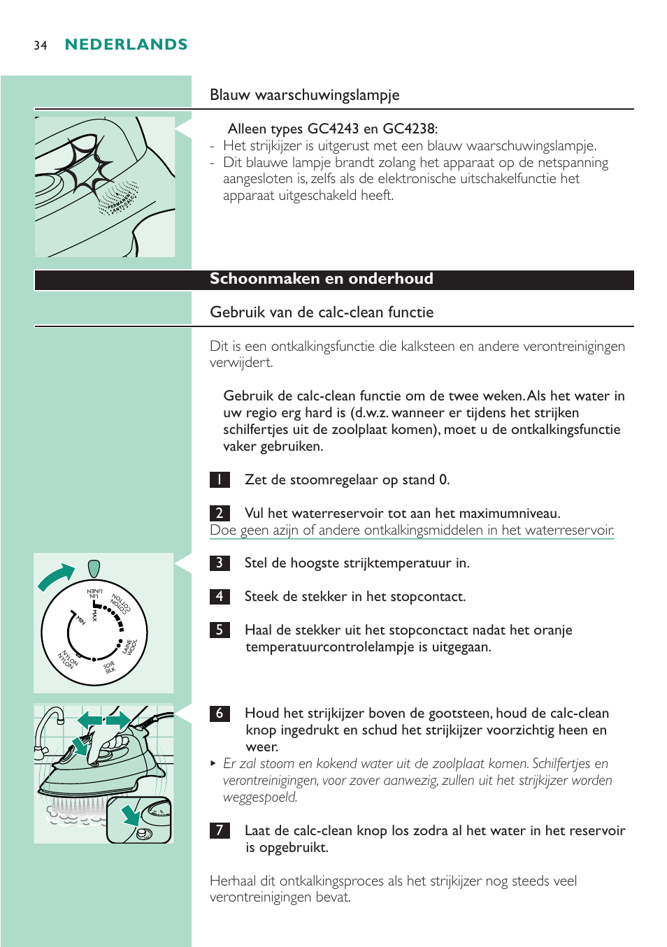 Blauw waarschuwingslampje, Nederlands | Philips Dampfbügeleisen User Manual | Page 34 / 48