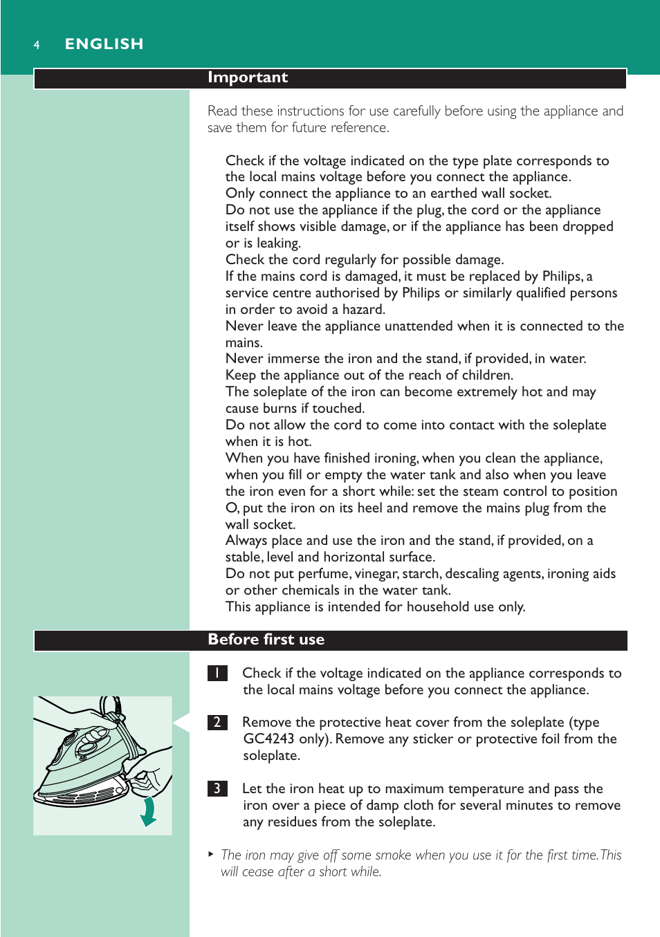Philips Dampfbügeleisen User Manual | Page 4 / 48
