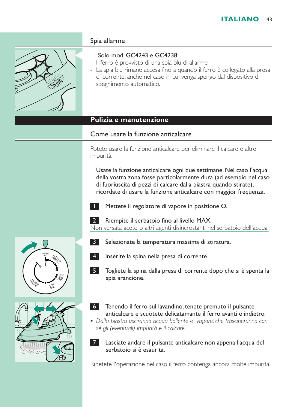 Spia allarme, Italiano | Philips Dampfbügeleisen User Manual | Page 43 / 48