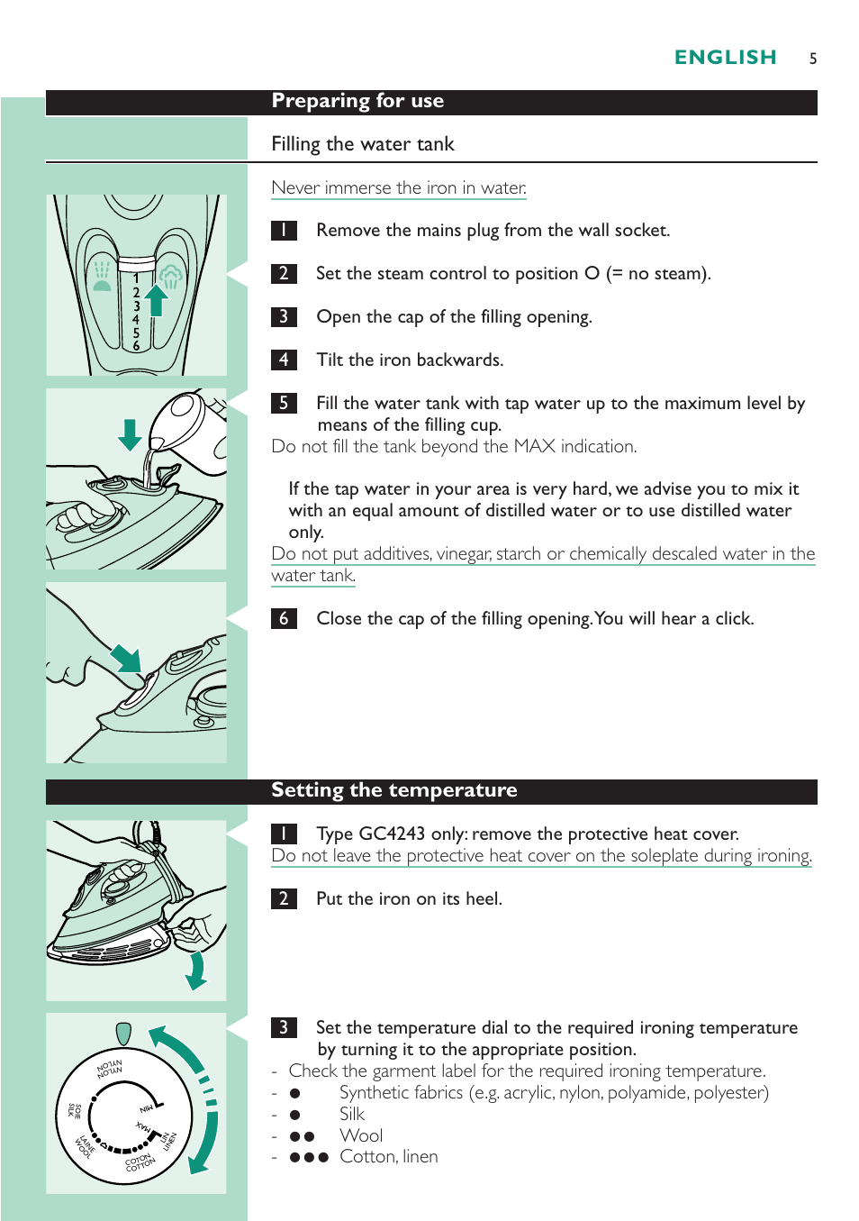 Preparing for use filling the water tank, Setting the temperature, English | Philips Dampfbügeleisen User Manual | Page 5 / 48