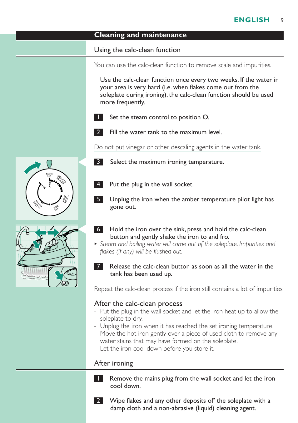 After the calc-clean process, After ironing, English | Philips Dampfbügeleisen User Manual | Page 9 / 48