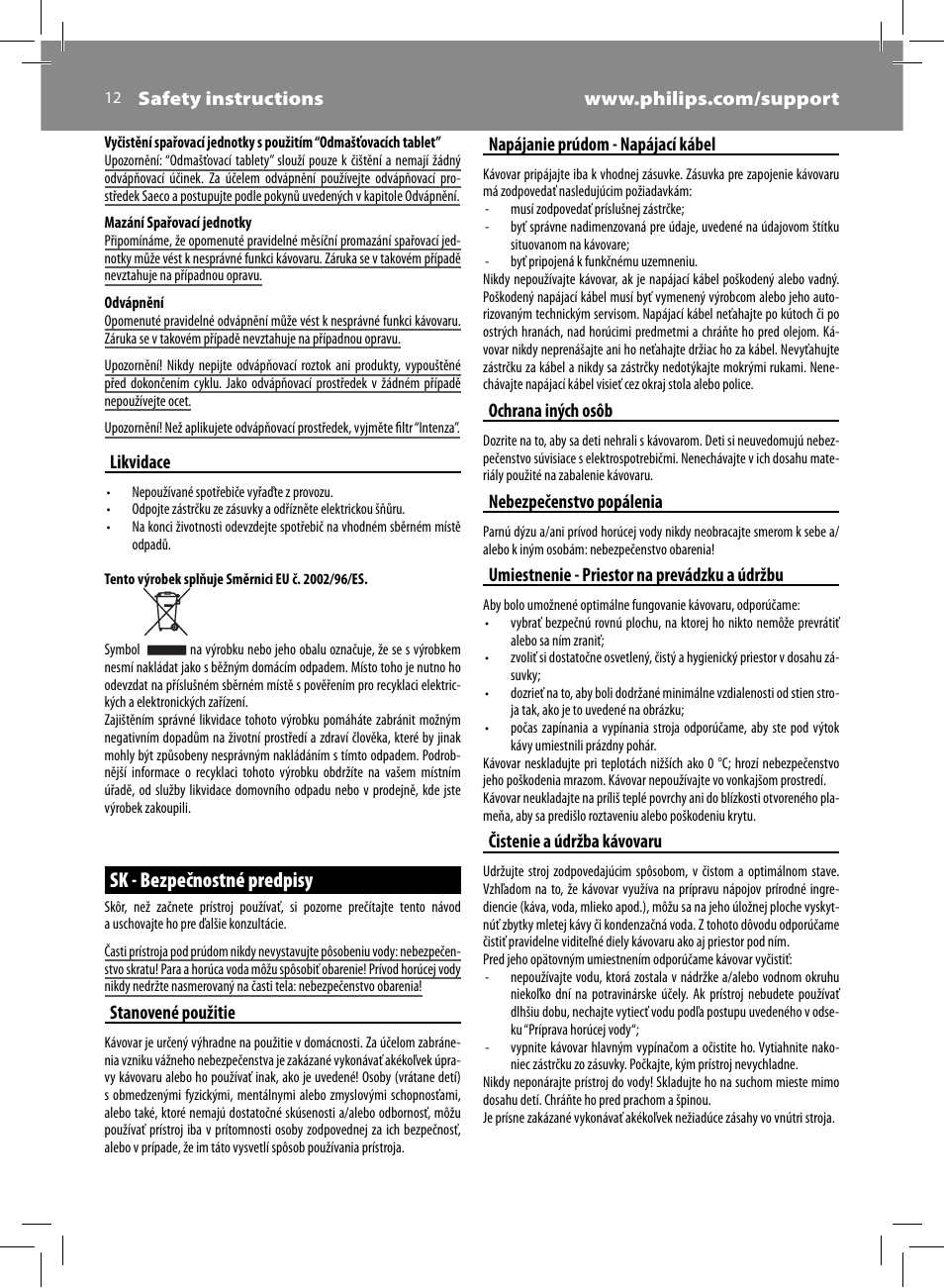 Sk - bezpečnostné predpisy | Philips Saeco Kaffeevollautomat User Manual | Page 12 / 72