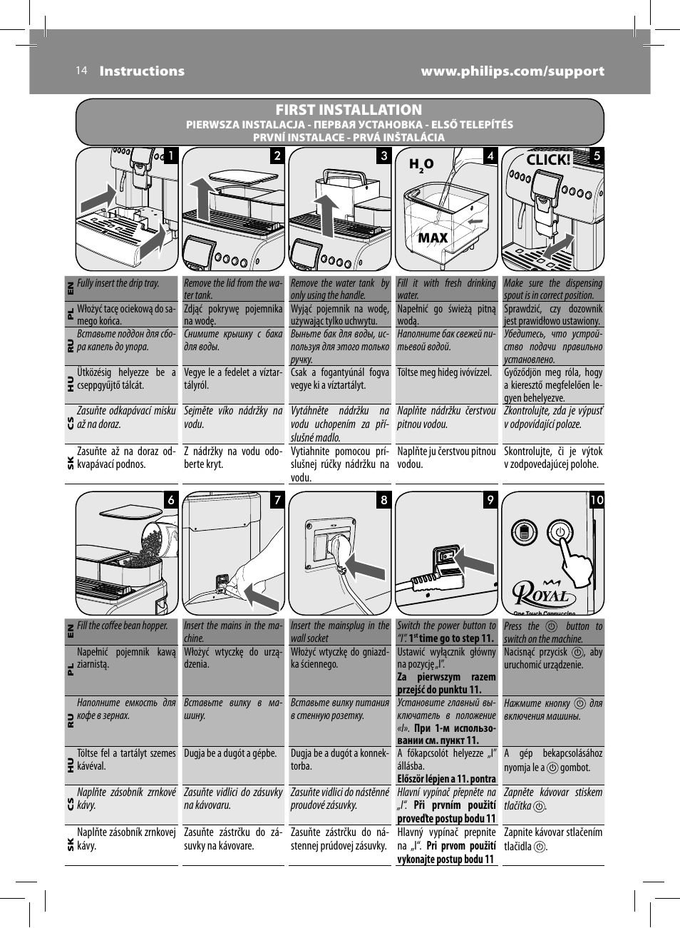 First installation, Click | Philips Saeco Kaffeevollautomat User Manual | Page 14 / 72