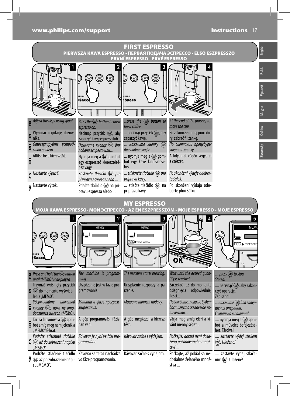 First espresso, My espresso | Philips Saeco Kaffeevollautomat User Manual | Page 17 / 72