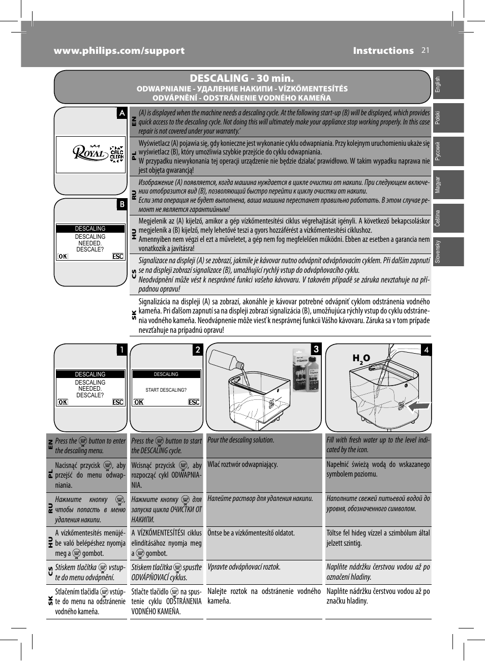 Descaling - 30 min | Philips Saeco Kaffeevollautomat User Manual | Page 21 / 72