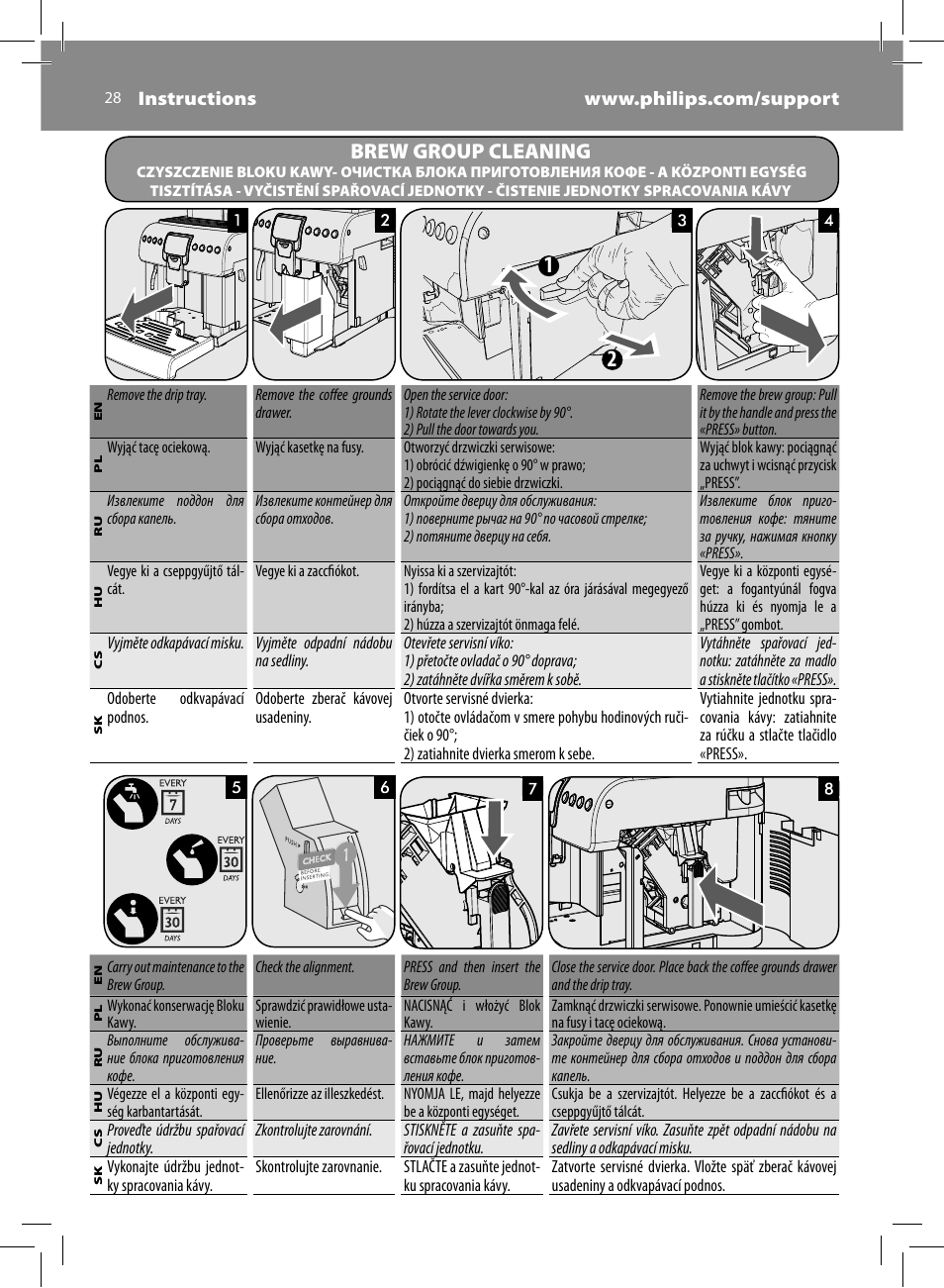 Brew group cleaning | Philips Saeco Kaffeevollautomat User Manual | Page 28 / 72