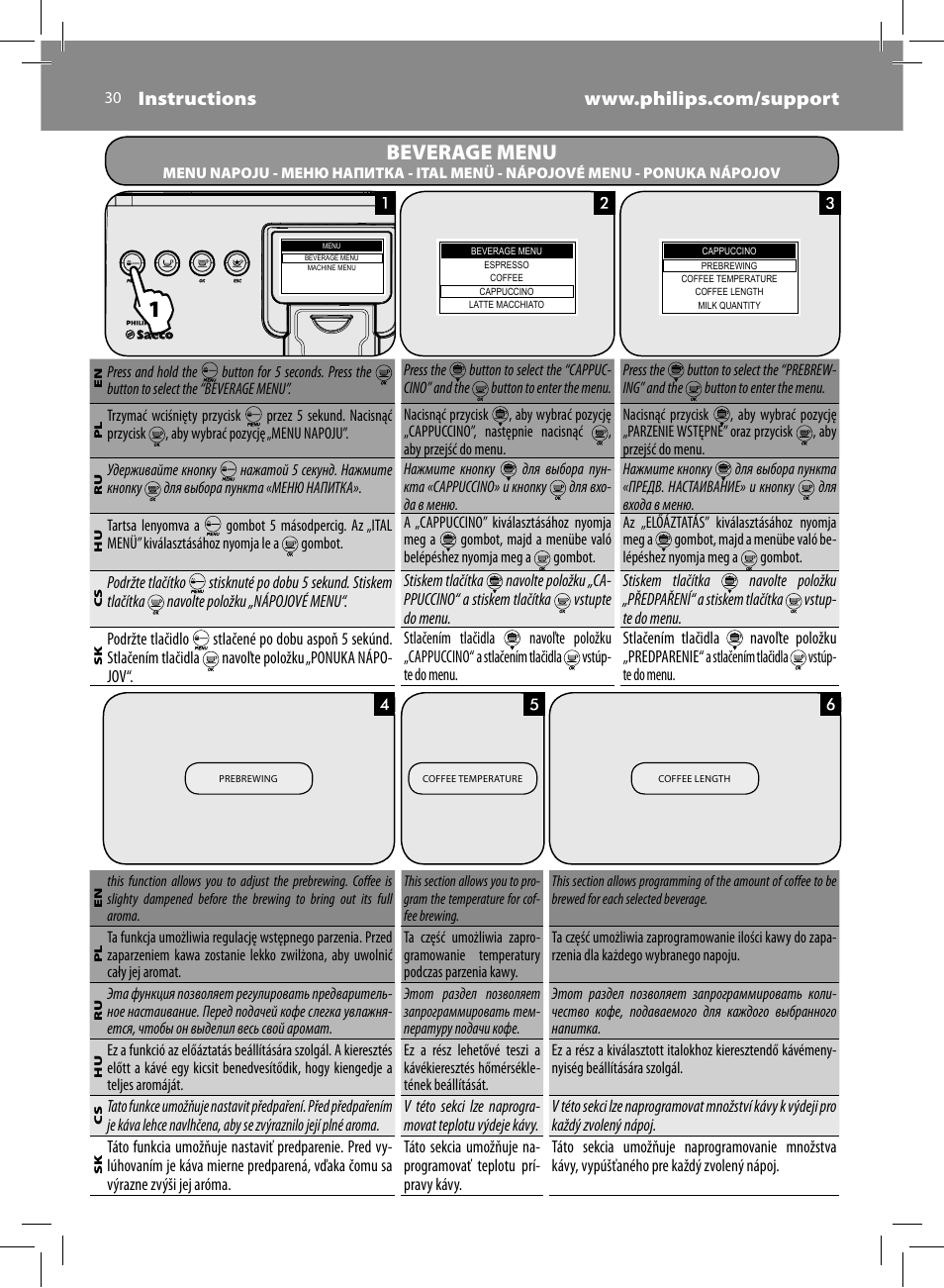 Beverage menu | Philips Saeco Kaffeevollautomat User Manual | Page 30 / 72