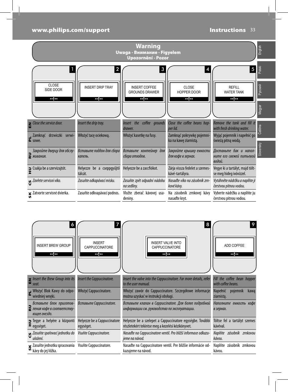 Warning | Philips Saeco Kaffeevollautomat User Manual | Page 33 / 72