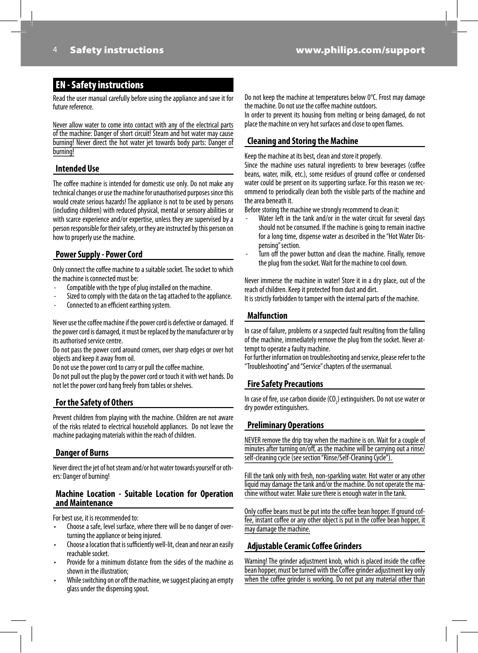 En - safety instructions | Philips Saeco Kaffeevollautomat User Manual | Page 4 / 72