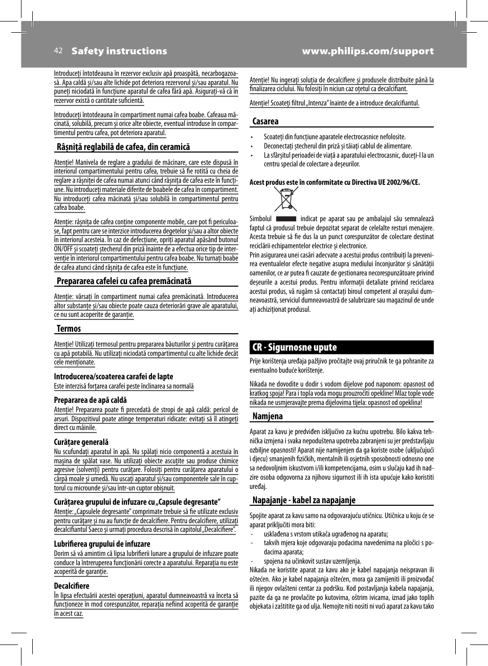 Cr - sigurnosne upute | Philips Saeco Kaffeevollautomat User Manual | Page 42 / 72