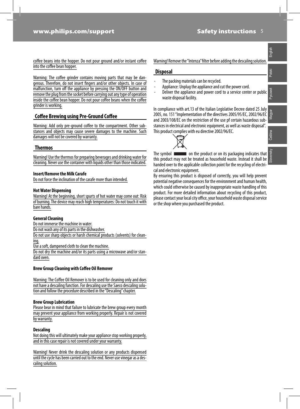 Coff ee brewing using pre-ground coff ee, Thermos, Disposal | Philips Saeco Kaffeevollautomat User Manual | Page 5 / 72