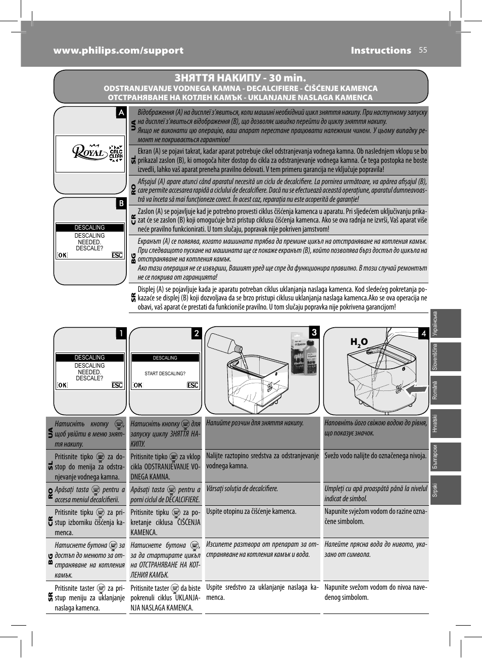 Зняття накипу - 30 min | Philips Saeco Kaffeevollautomat User Manual | Page 55 / 72