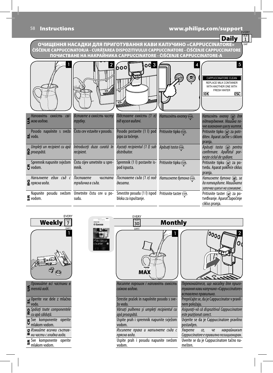 Monthly weekly, Daily | Philips Saeco Kaffeevollautomat User Manual | Page 58 / 72