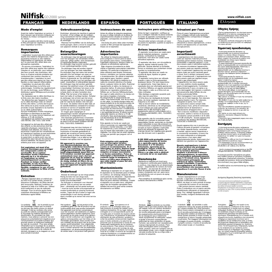 Nilfisk, Français nederlands español português italiano, Gd2000 series | Nilfisk-ALTO GD 2000 Series User Manual | Page 3 / 4