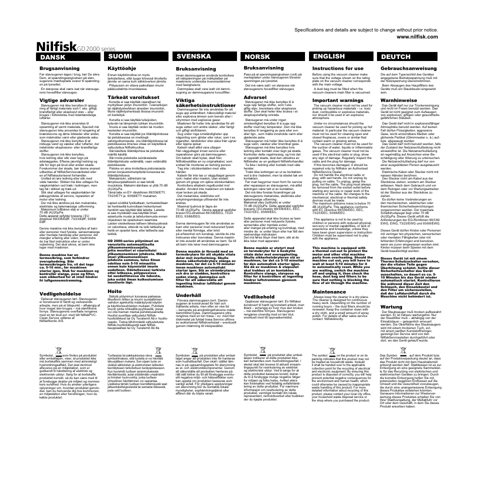 Nilfisk, Deutsch, Dansk norsk svenska suomi english | Gd2000 series, Norsk svenska suomi english, Deutch | Nilfisk-ALTO GD 2000 Series User Manual | Page 4 / 4