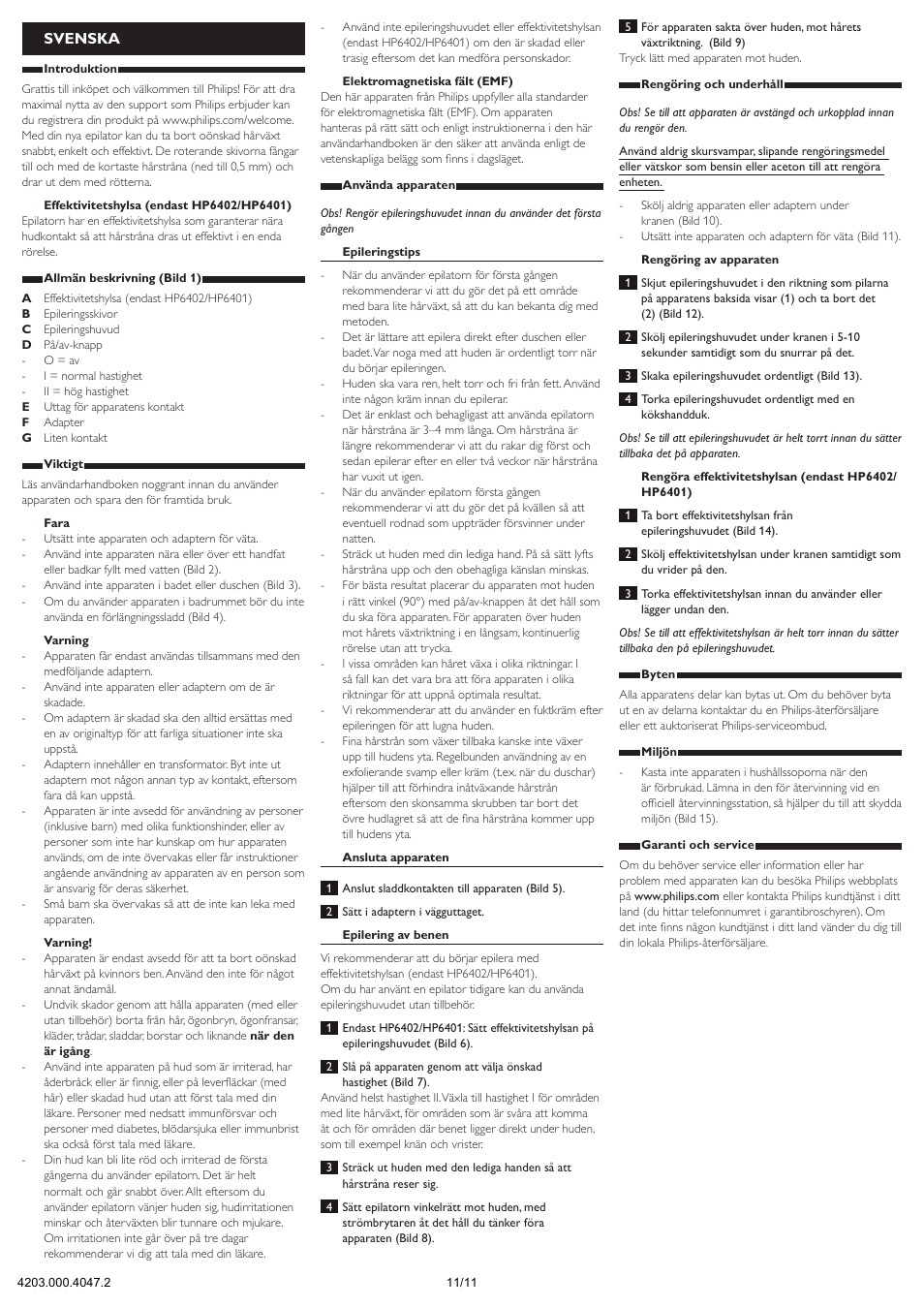 Svenska | Philips Satinelle Epilierer User Manual | Page 11 / 11