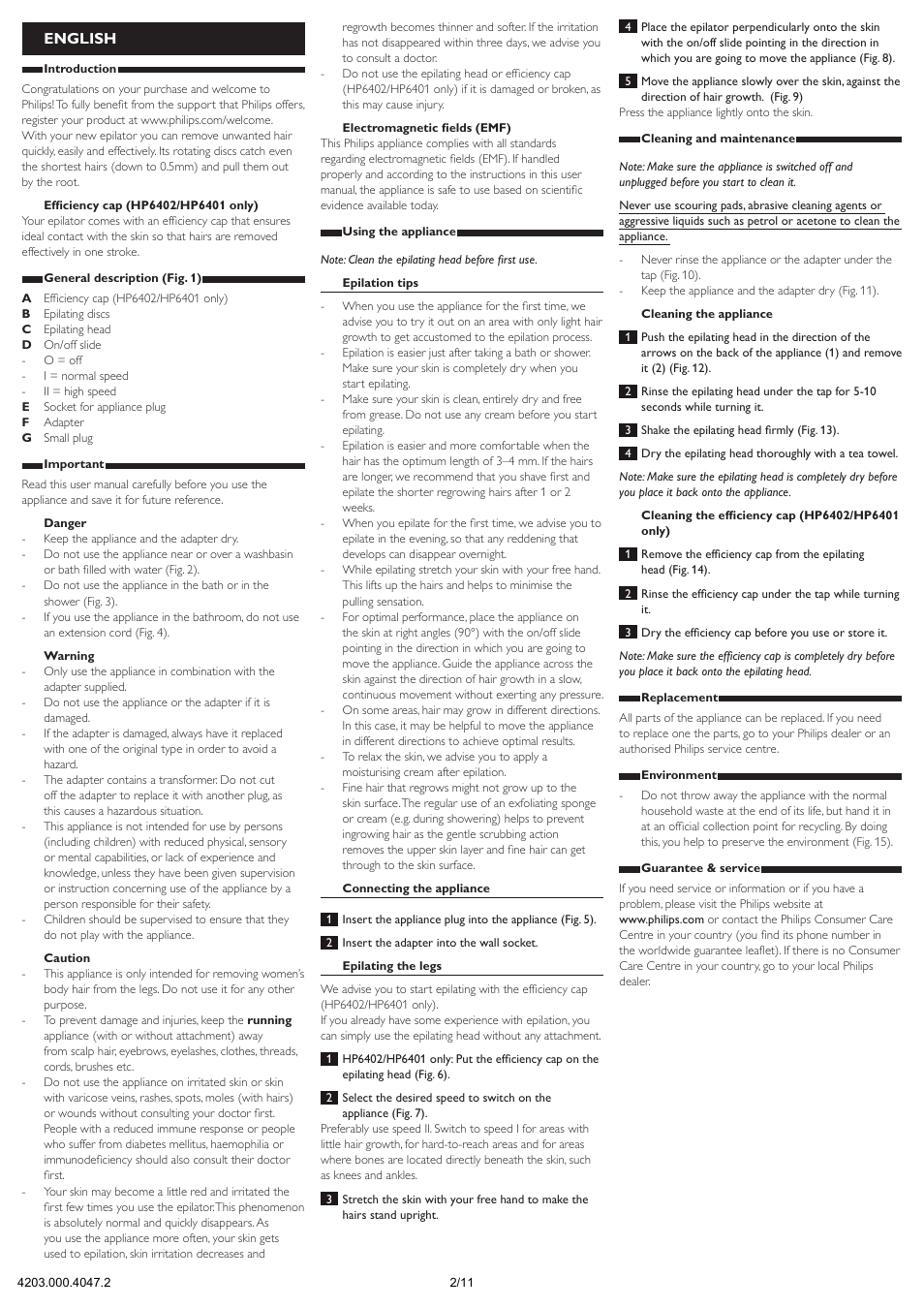 English | Philips Satinelle Epilierer User Manual | Page 2 / 11