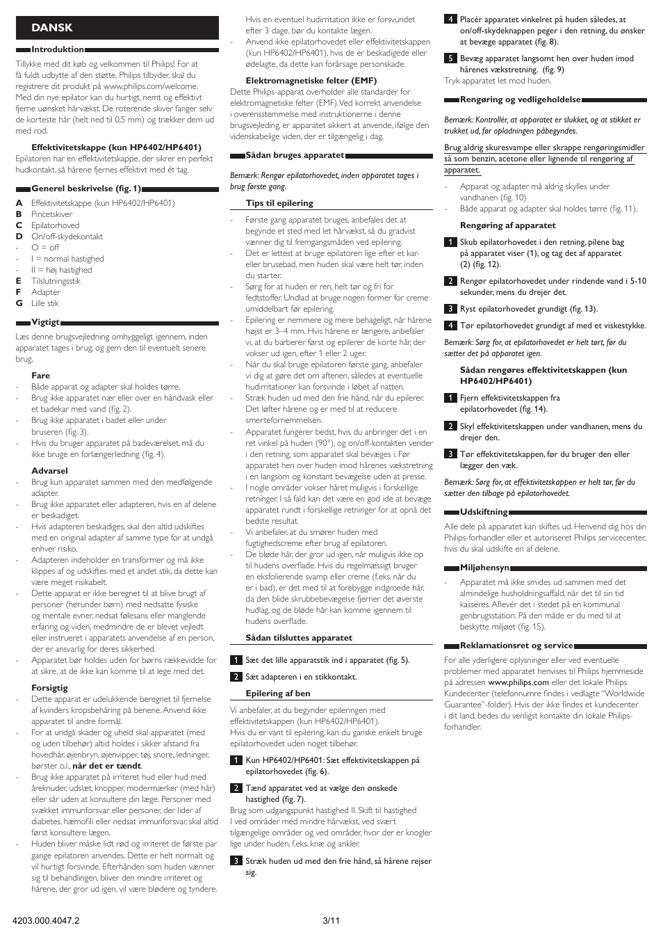 Dansk | Philips Satinelle Epilierer User Manual | Page 3 / 11