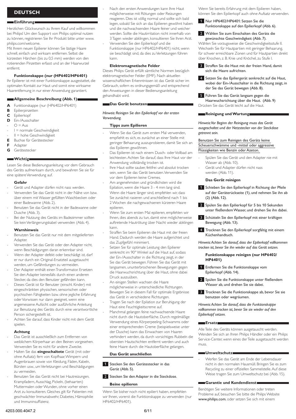 Deutsch | Philips Satinelle Epilierer User Manual | Page 6 / 11