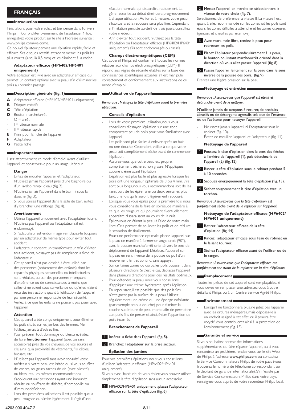 Français | Philips Satinelle Epilierer User Manual | Page 8 / 11