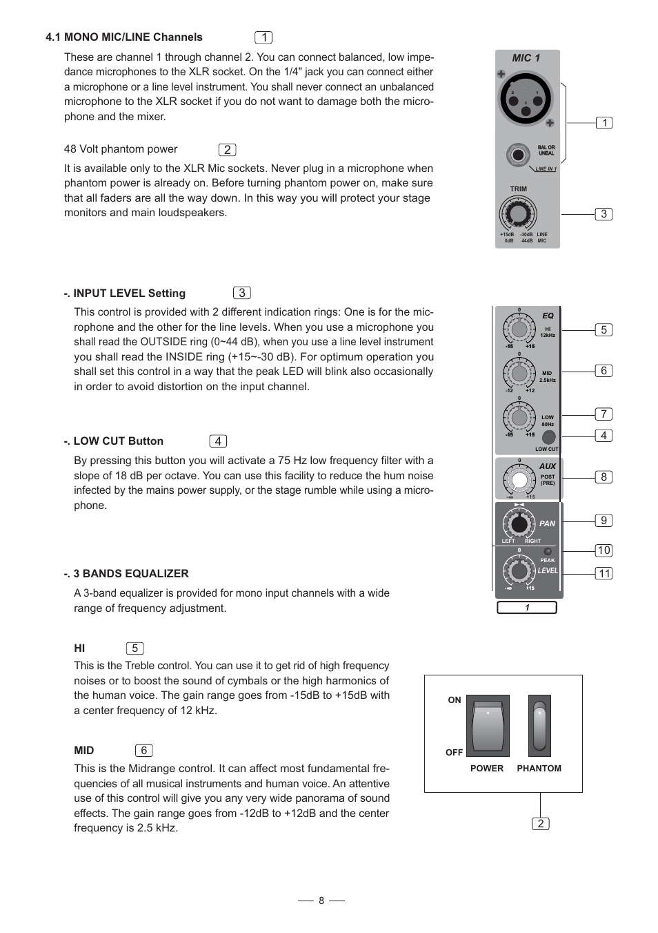 1 mono mic/line channels, Input level setting, Mic 1 | Nilfisk-ALTO AMX-120 User Manual | Page 9 / 20