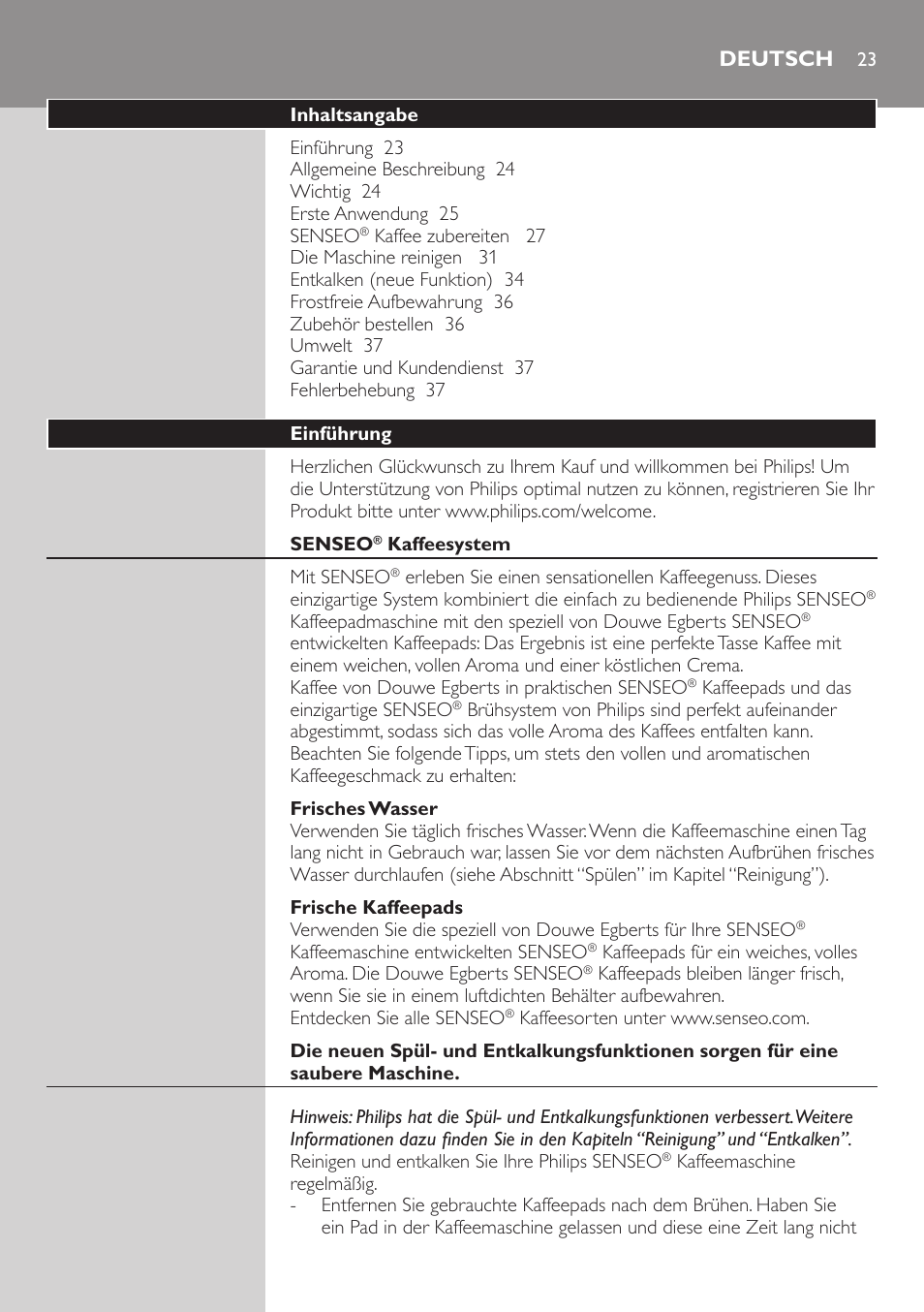 Deutsch, Deutsch 23 | Philips SENSEO® Viva Café Kaffeepadmaschine User Manual | Page 23 / 78