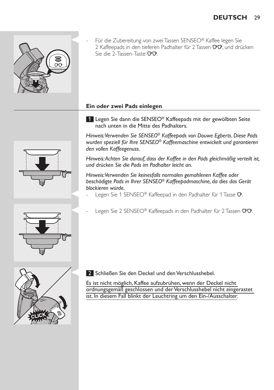 Deutsch | Philips SENSEO® Viva Café Kaffeepadmaschine User Manual | Page 29 / 78
