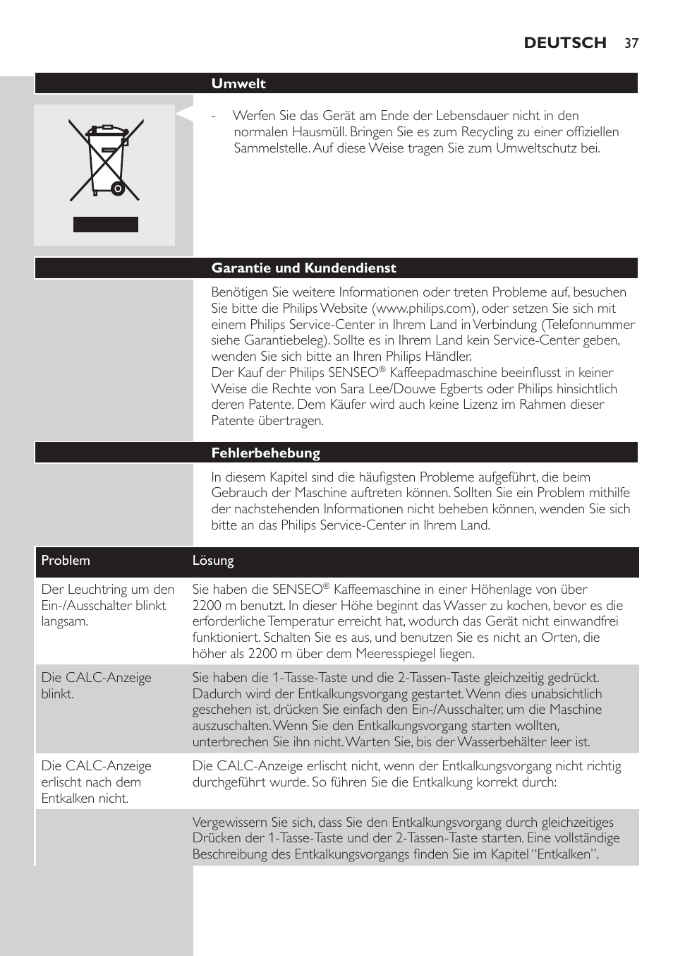 Philips SENSEO® Viva Café Kaffeepadmaschine User Manual | Page 37 / 78