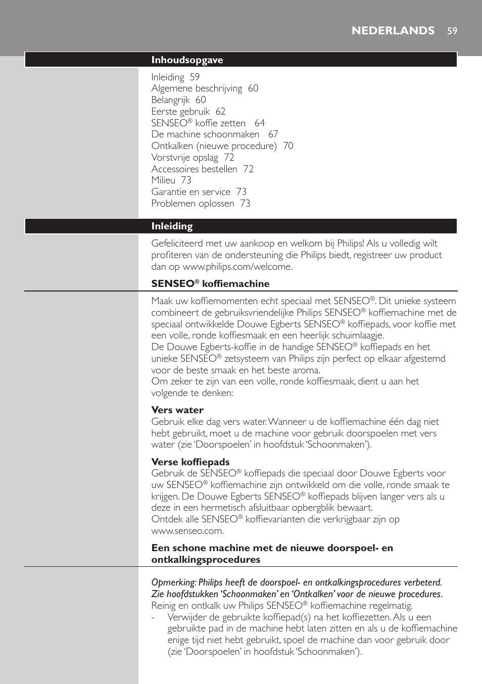Nederlands, Nederlands 59 | Philips SENSEO® Viva Café Kaffeepadmaschine User Manual | Page 59 / 78