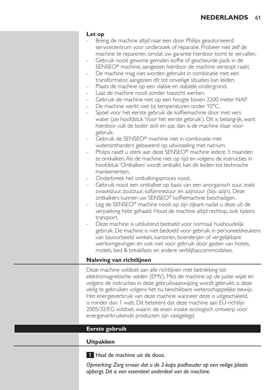 Philips SENSEO® Viva Café Kaffeepadmaschine User Manual | Page 61 / 78