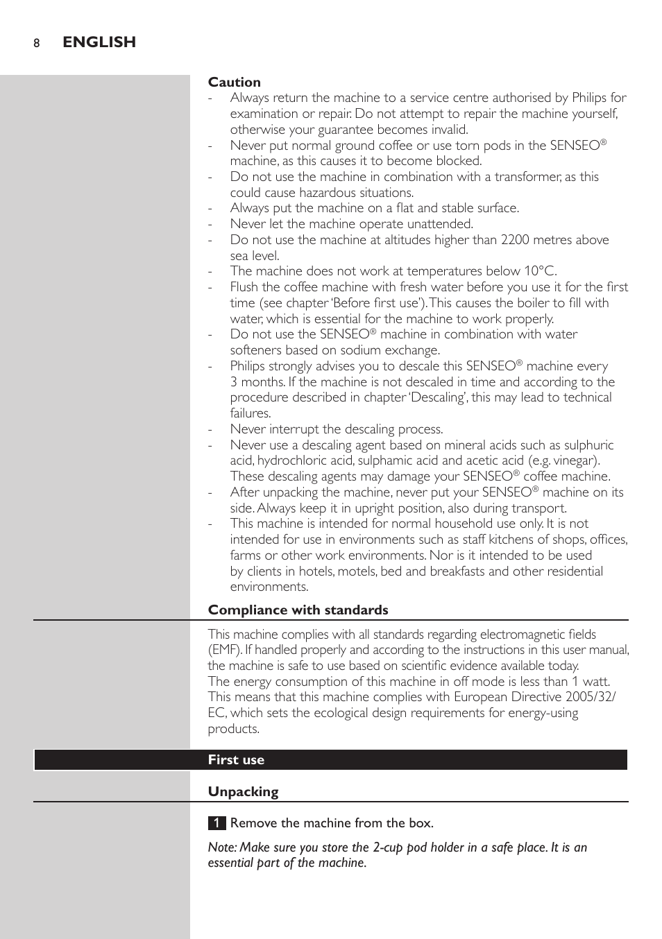Philips SENSEO® Viva Café Kaffeepadmaschine User Manual | Page 8 / 78