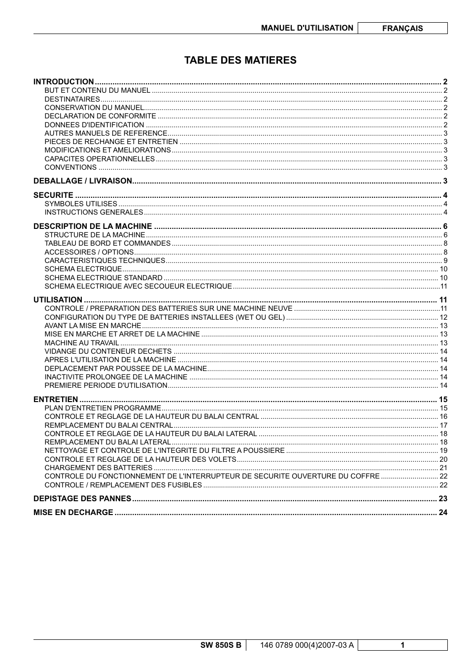 Table des matieres | Nilfisk-ALTO SW 850S B User Manual | Page 28 / 104