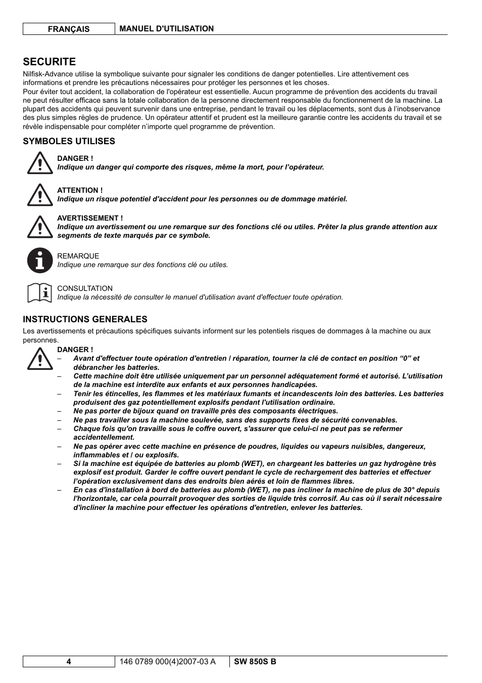 Securite | Nilfisk-ALTO SW 850S B User Manual | Page 31 / 104