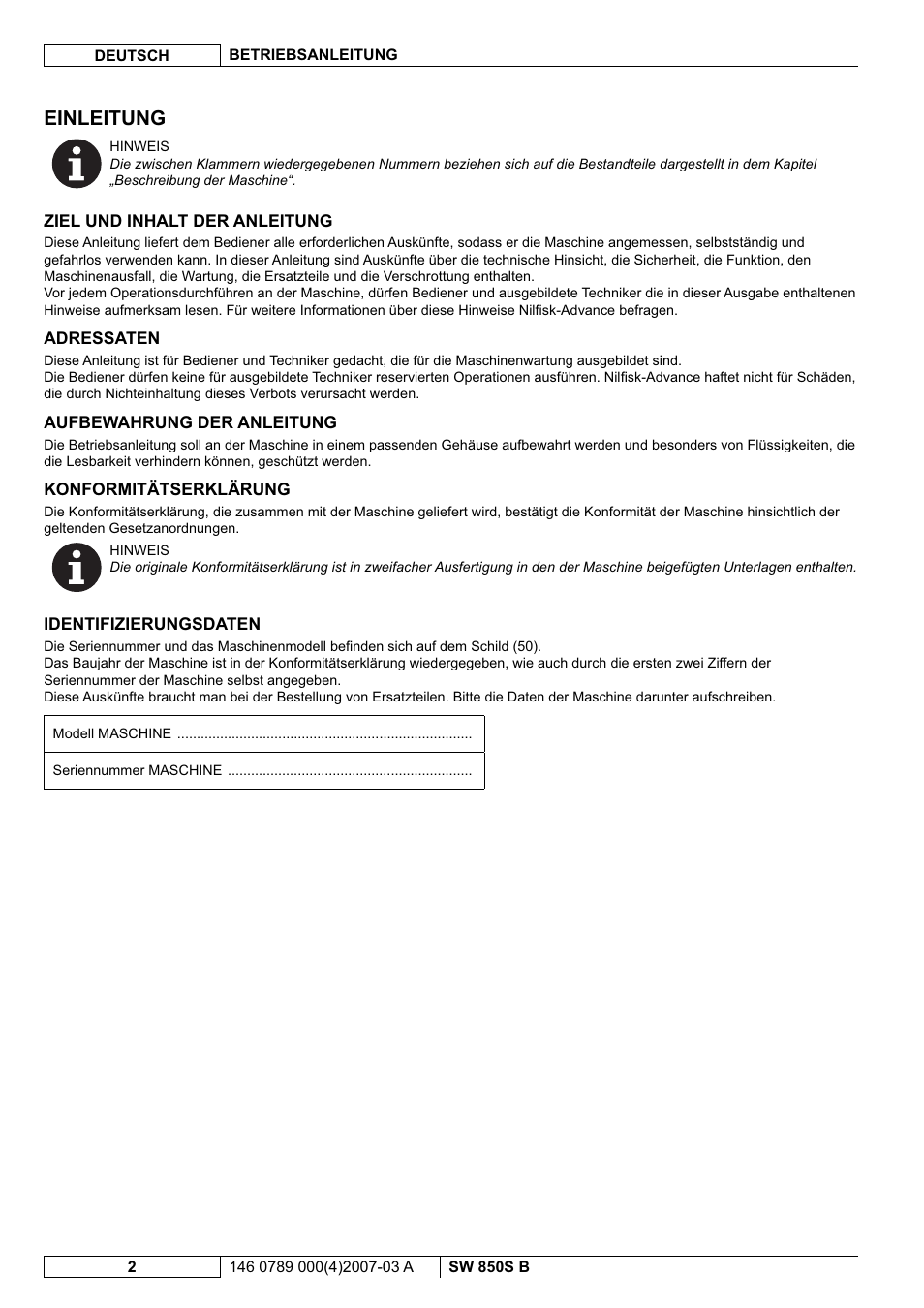 Einleitung | Nilfisk-ALTO SW 850S B User Manual | Page 5 / 104
